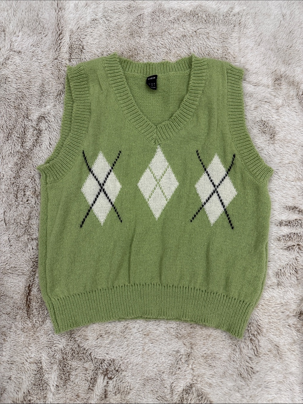 SHEIN Green & White Argyle V-Neck Sweater Vest